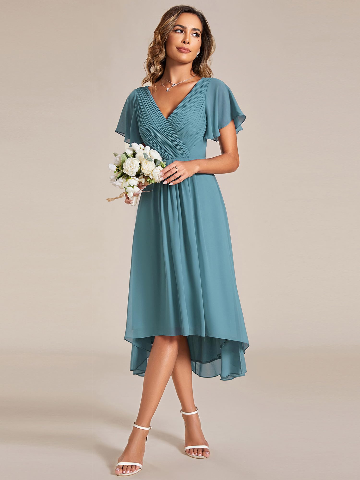 Ever-Pretty Robe d'été courte en mousseline de soie plissée avec col en V et manches volantées 01923
