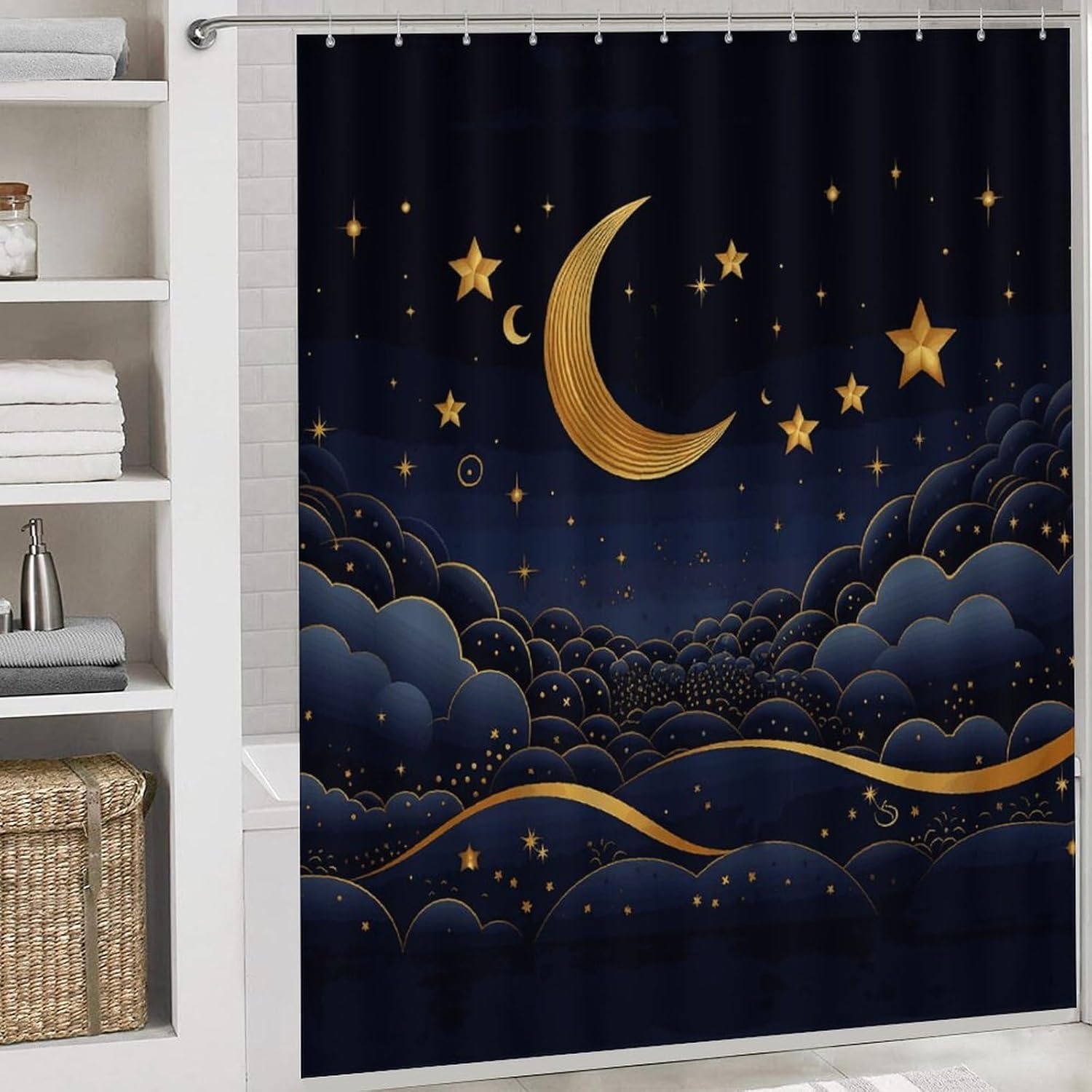 There are Stars and Moon on It Shower Curtain Set 4 Piece, Non-Slip Bath Mat with Toilet Lid Cover and Waterproof Shower Curtain with 12 Hooks, Complete Bathroom Set for Home Decor