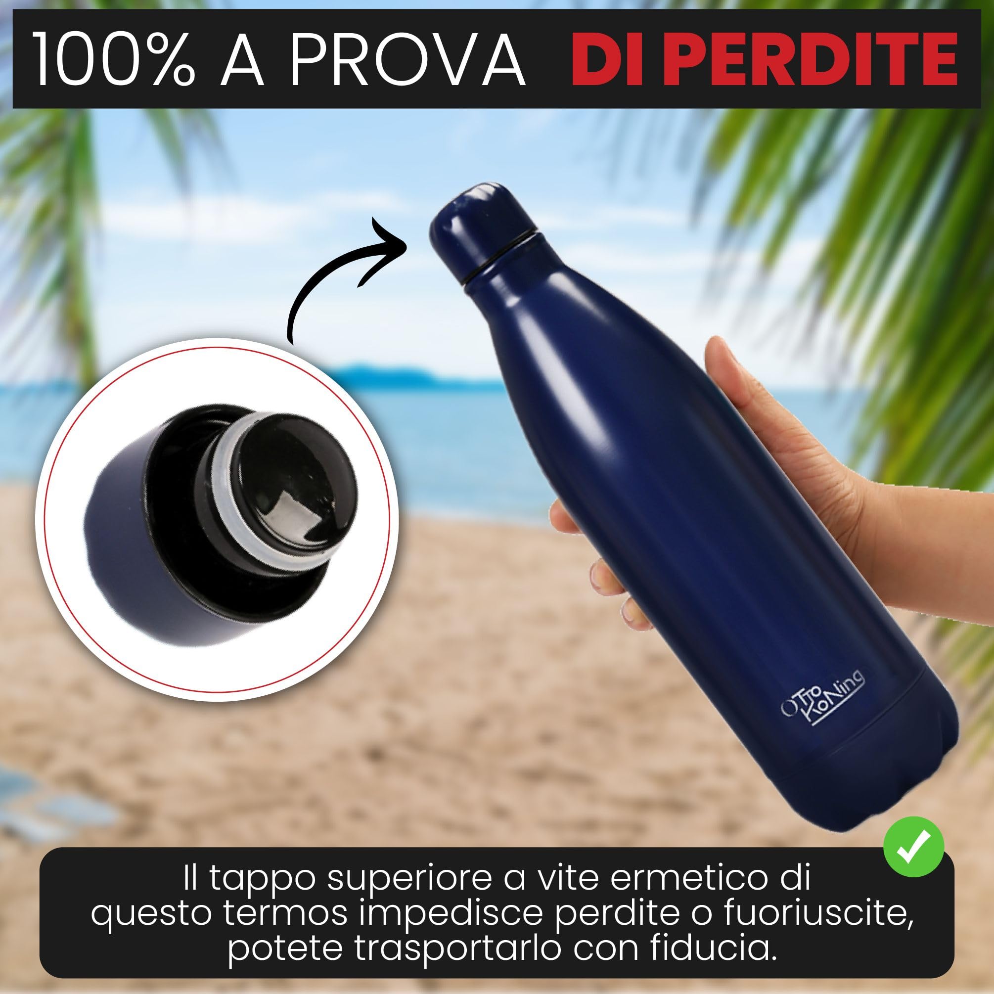 Borraccia Termica 1 Litro Otto Koning, Bottiglia Termica 1L in Acciaio Inox 18/8, Doppia Parete Sottovuoto, Freddo 24h Caldo 12h, Senza BPA e Ftalati, a Prova di Perdite, Senza Sapore Metallico