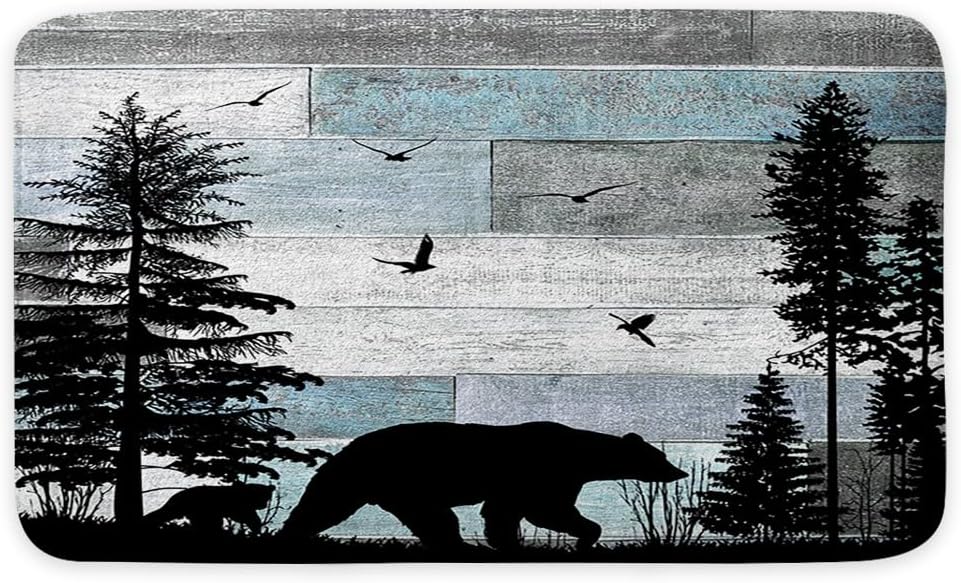 MERCHR Rustic Blue Bath Rugs for Bathroom, Vintage Farmhouse Animal Deer Forest Pine Tree, Non Slip Flannel Bathroom Rug, Dry Fast Water Absorbent Bath Mats,19X31 Inch.
