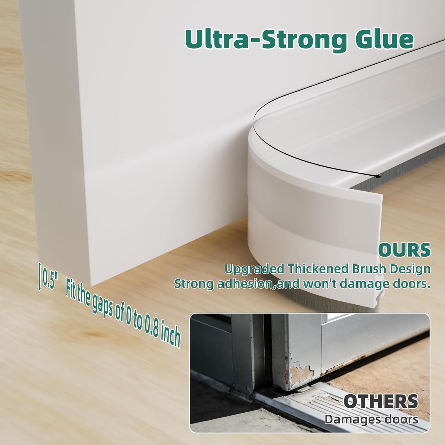 Door Draft Stopper with Brush, 39" Door Sweep for Bottom of Door, Self Adhesive Weather Stripping for Bottom of Door, Under Door Seal Dust/Noise/Hot or Cold Air Insulation, White, 1 Pack