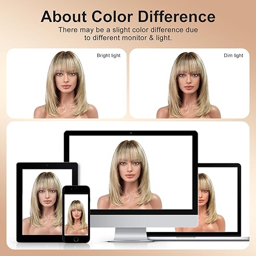 Miniatura 8 de KKU Pelucas de cabello humano rubio mezclado con castaño de 16 pulgadas para mujer, peluca de cabello lacio en capas con flequillo, usa realismo