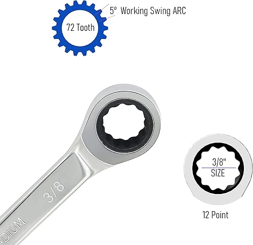 Miniatura 3 de FOCMKEAS Llave combinada de trinquete de 38 pulgadas SAE 72 dientes 12 puntos de trinquete de caja de trinquete terminada y extremo abierto