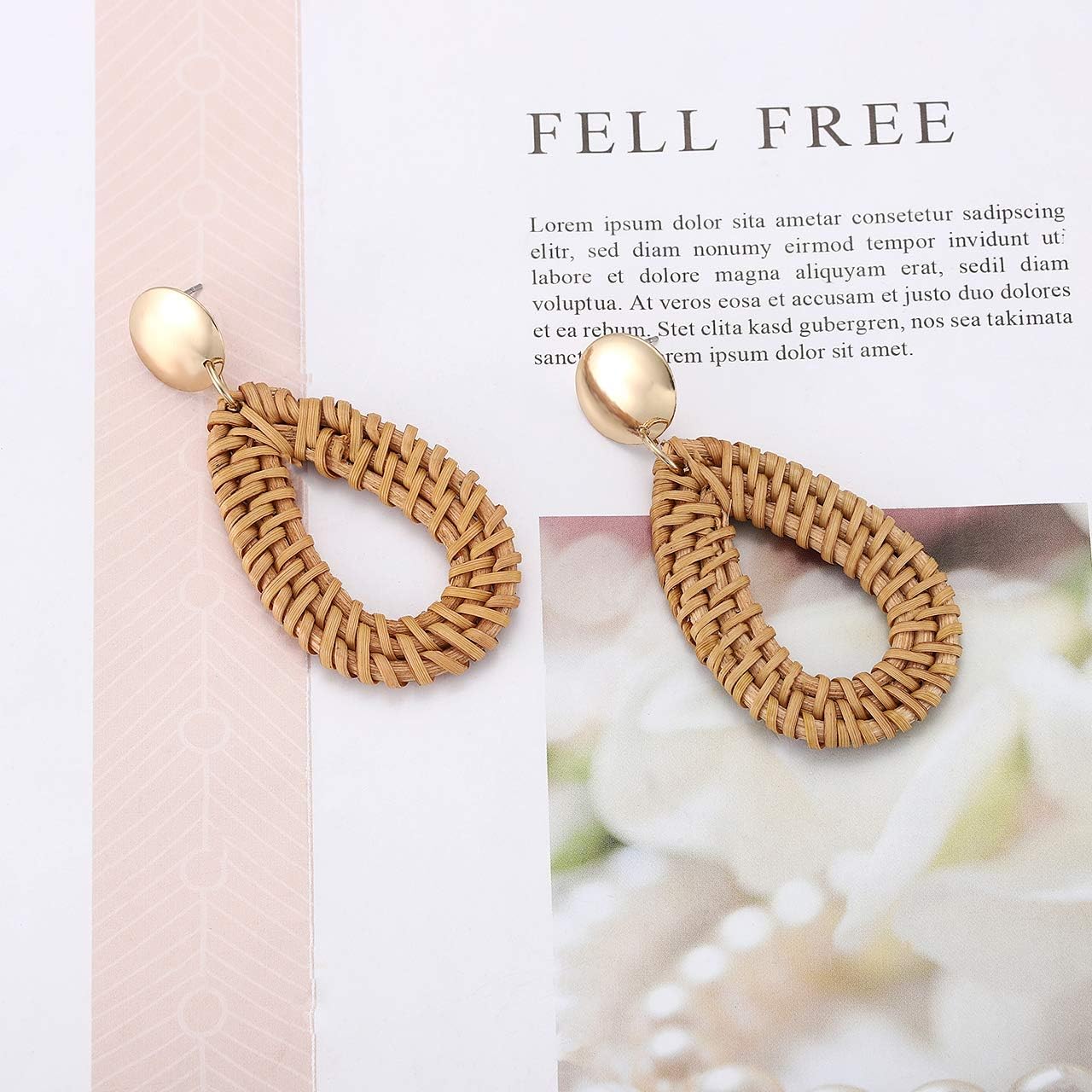 Rattan Earrings for Women Handmade Straw Wicker Braid Drop Dangle Earrings Lightweight Geometric Statement Earrings (E 4PCS Set 2) - Image 7
