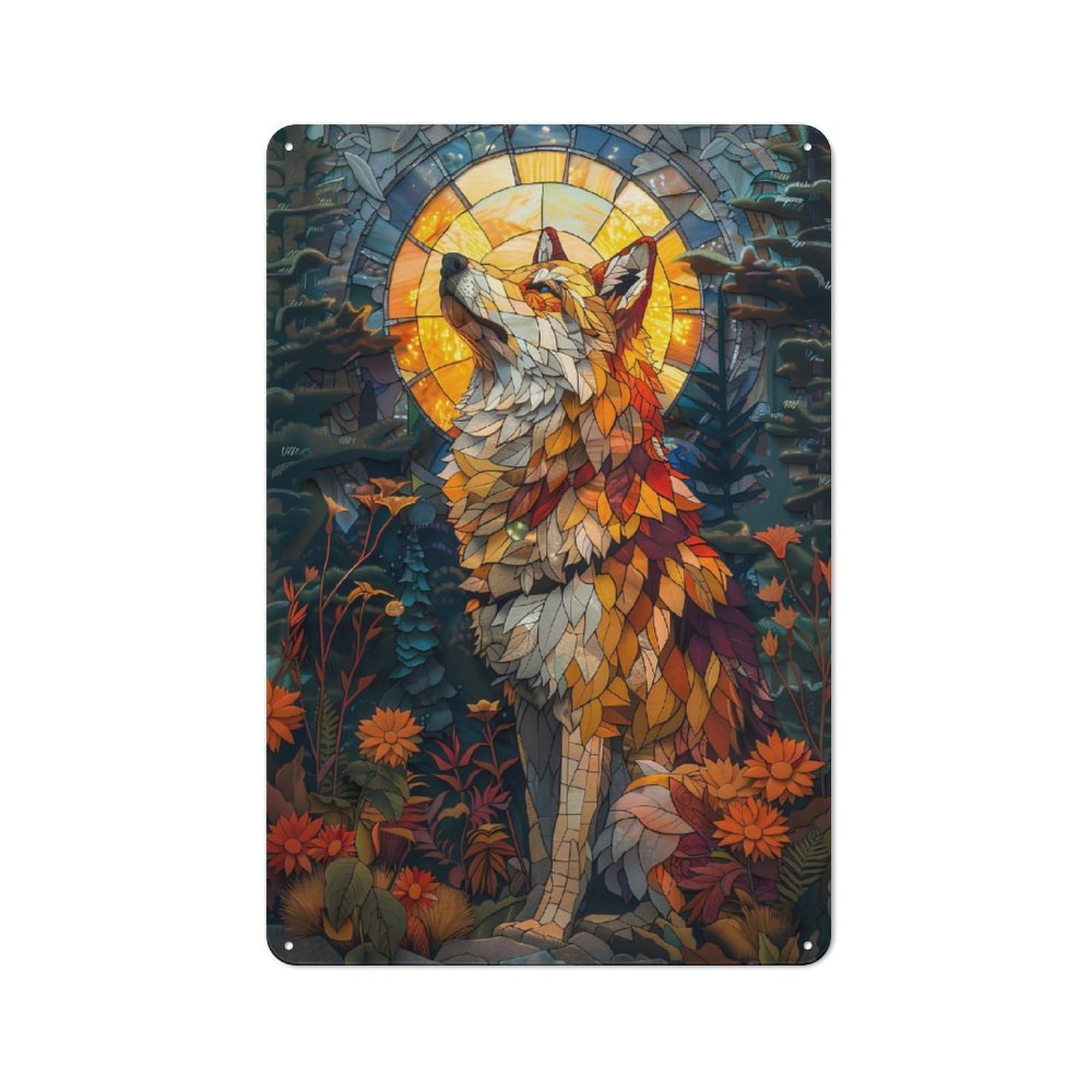 Junmoney Wolf Stained Glass Art Rustic Tin Wall Plaque 30X20cm For Café Or Restaurant, For Kitchen, Dining Room And Home Bar Wall Decor