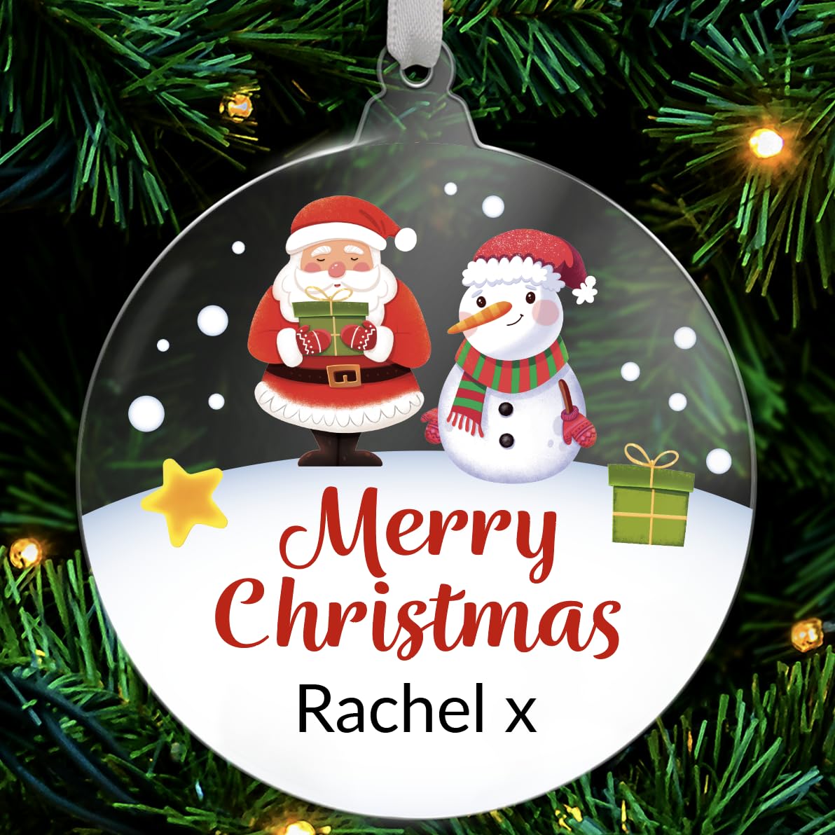 1 Personalised Customised Christmas Xmas Festive Santa And Snowman Acrylic Bauble Tree Gift Decoration Present 80mm Primary Teaching Services