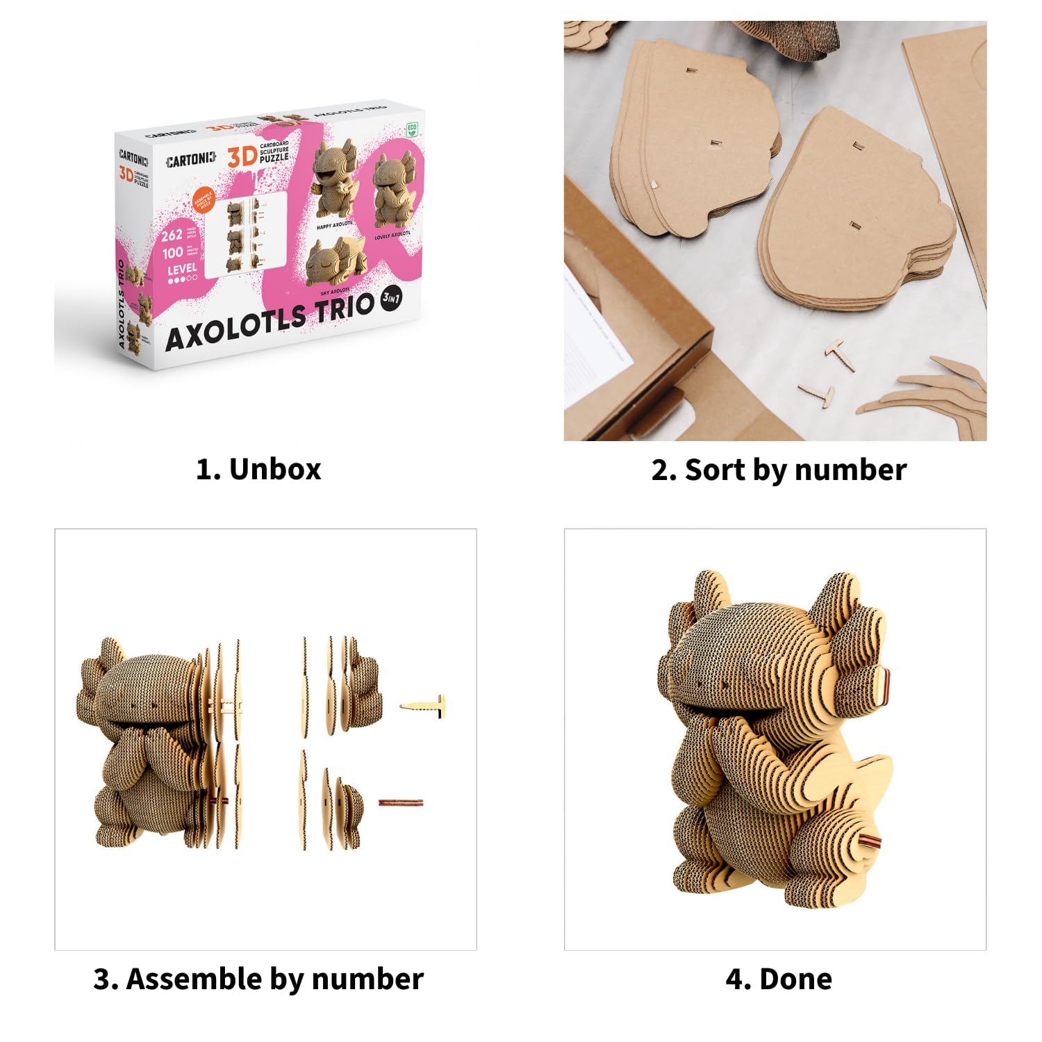 Axolotl Trio 3D-Puzzle aus Karton – Bausatz 3 Modelle