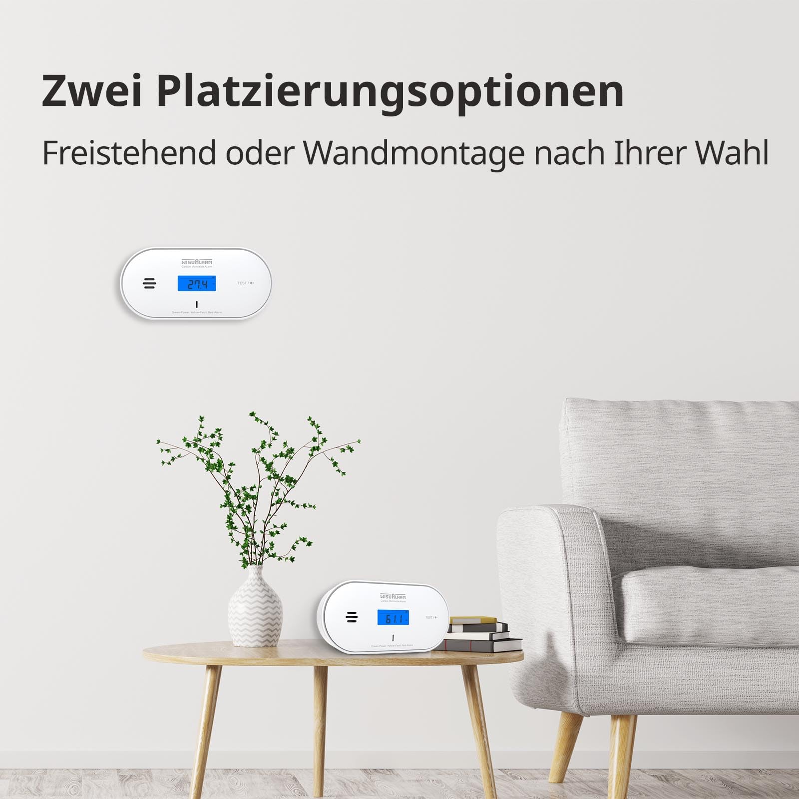 Wisualarm WLAN-Kohlenmonoxidmelder, 3-in-1-Alarm mit Feuchtigkeits- und Temperaturerkennung, LCD-Display, App-Benachrichtigung, CO-Alarm mit versiegelter Batterie, entspricht EN 50291
