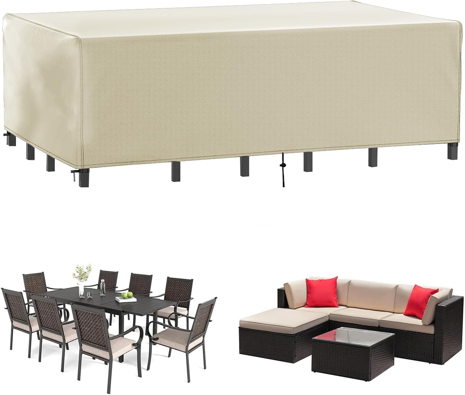 420D-325X208X58cm Waterproof Outdoor Furniture Cover, Premium Quality Patio Furniture Covers Dust Proof Anti-UV Heavy Duty Durable Sofa Sectional Table & Chair Cover Large (Beige)