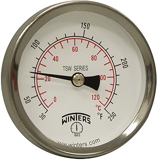 Winters TSW Series Aluminum Dual Scale Hot Water Thermometer, Dial Type, 2-1/2" Dial, 1/2" NPT Center Back Mount, 30-250 F/C Range