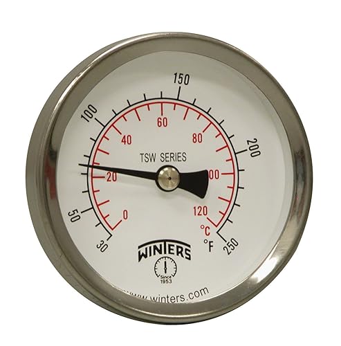 Winters TSW Series Termómetro de agua caliente de aluminio de doble escala, tipo esfera, esfera de 2-12", montaje trasero central NPT de 12", rango