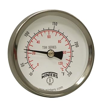 Winters TSW Series Aluminum Dual Scale Hot Water Thermometer, Dial Type, 2-1/2" Dial, 1/2" NPT Center Back Mount, 30-250 F/C Range