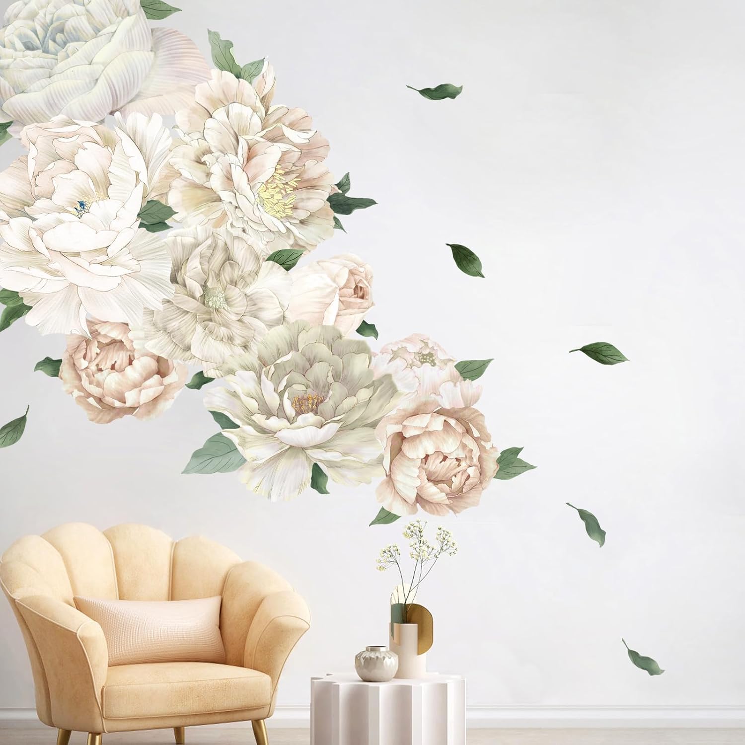 Large White Peony Floral Wall Decals Peel and Stick Vinyl Peony Flower Wall Wtickers Decor for Living Room Bedroom Nursery Kids Room Bathroom