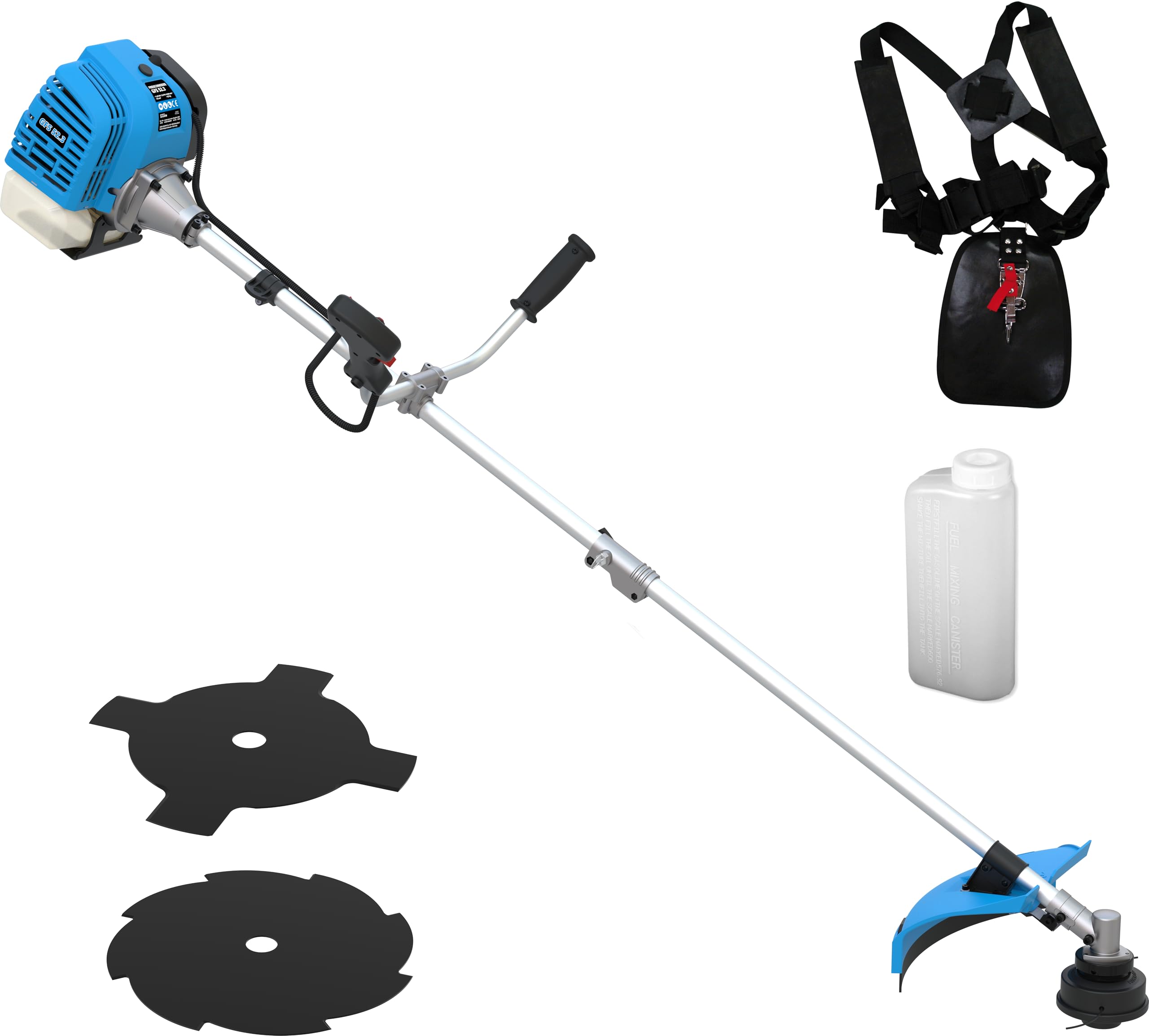 Güde GFS 52.3 Freischneider - 2-Takt-Motor, 52 Kubikzentimeter Hubraum, 1,45 Kilowatt, 2 PS, Schnittbreite 25,5 bis 44 Zentimeter je nach Schneidsystem, mit Fadenspule, Zwei Messern und Tragegurt