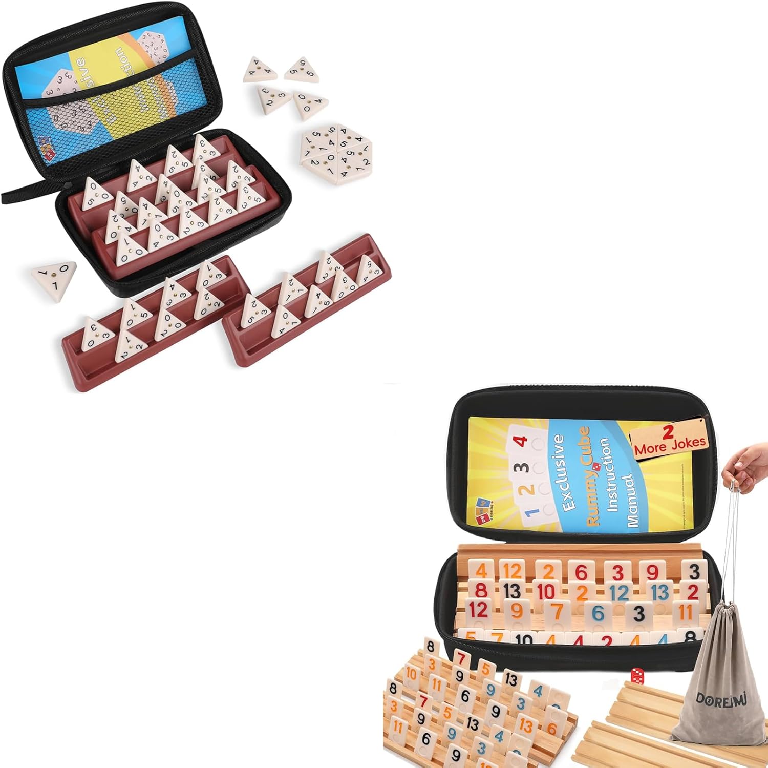 Rummy Cube 6 Player Upgraded Edition with 6 Wooden Racks+Triangle Domino Set Includes 4 Plastic Racks