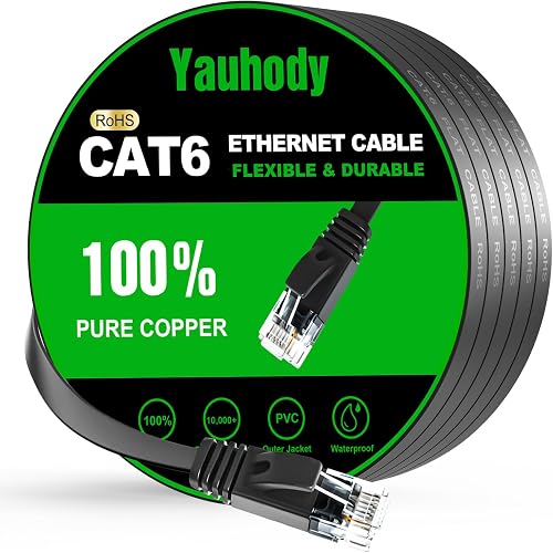 Yauhody CAT 6 Ethernet Cable 10m, Pure Copper High Speed Solid Flat CAT6 | Gigabit Internet Network LAN Patch Leads, Snagless RJ45 Connector for Modem, Router, PC - Black