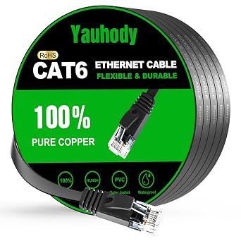 Yauhody CAT 6 Ethernet Cable 25ft Black, High Speed Solid Flat CAT6 Gigabit Internet Network LAN Patch Cords, Bare Copper Snagless RJ45 Connector for Modem, Router, Computer 25ft, Black