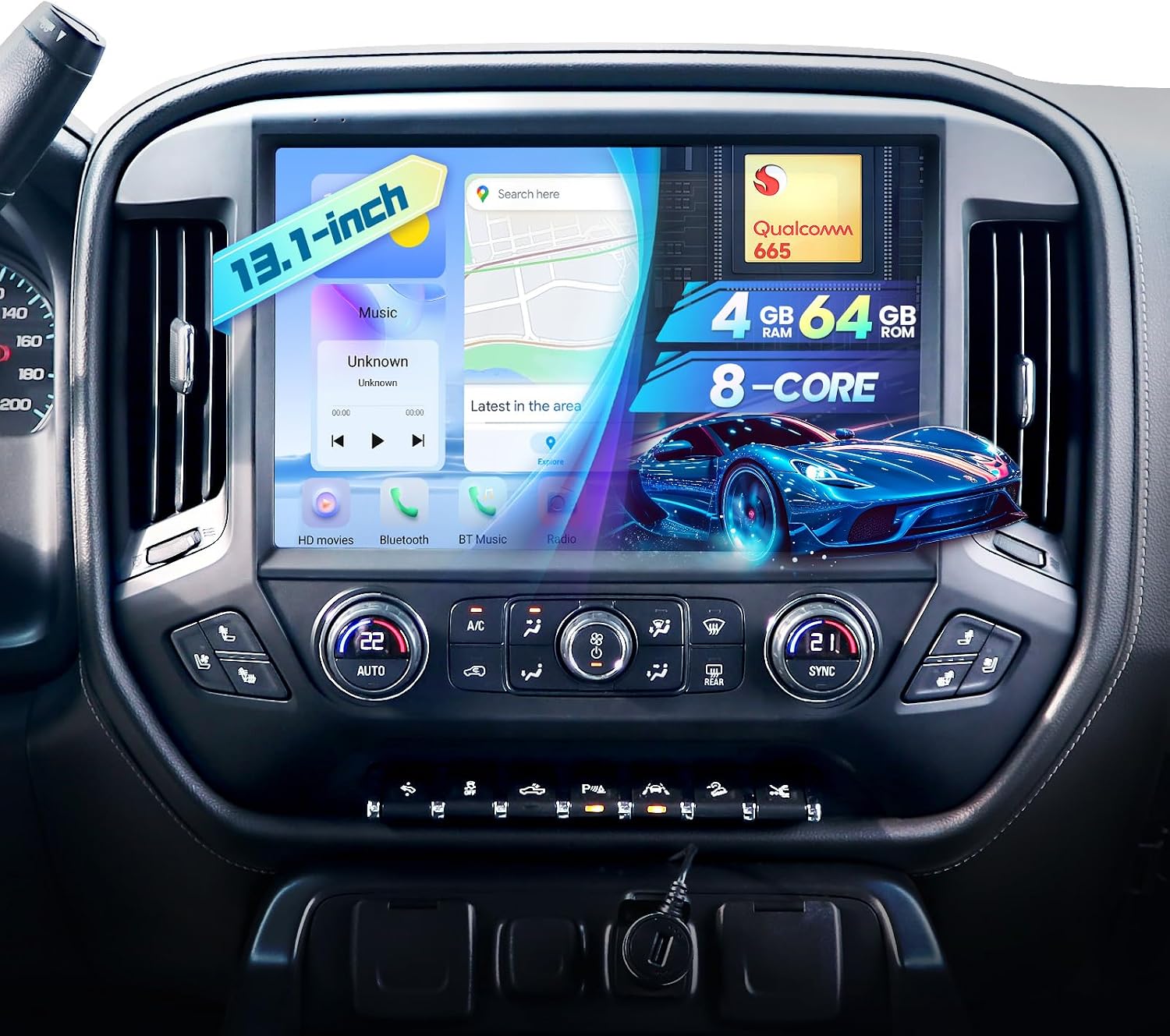 13.1Inch Qualcomm 8Core 4+64G Radio for Chevy Silverado GMC Sierra 2014-2018,2K T-Style Screen Sierra Radio Upgrade with Carplay Android Auto 48EQ GPS 5Ghz WiFi SWC Backup Camera,Black