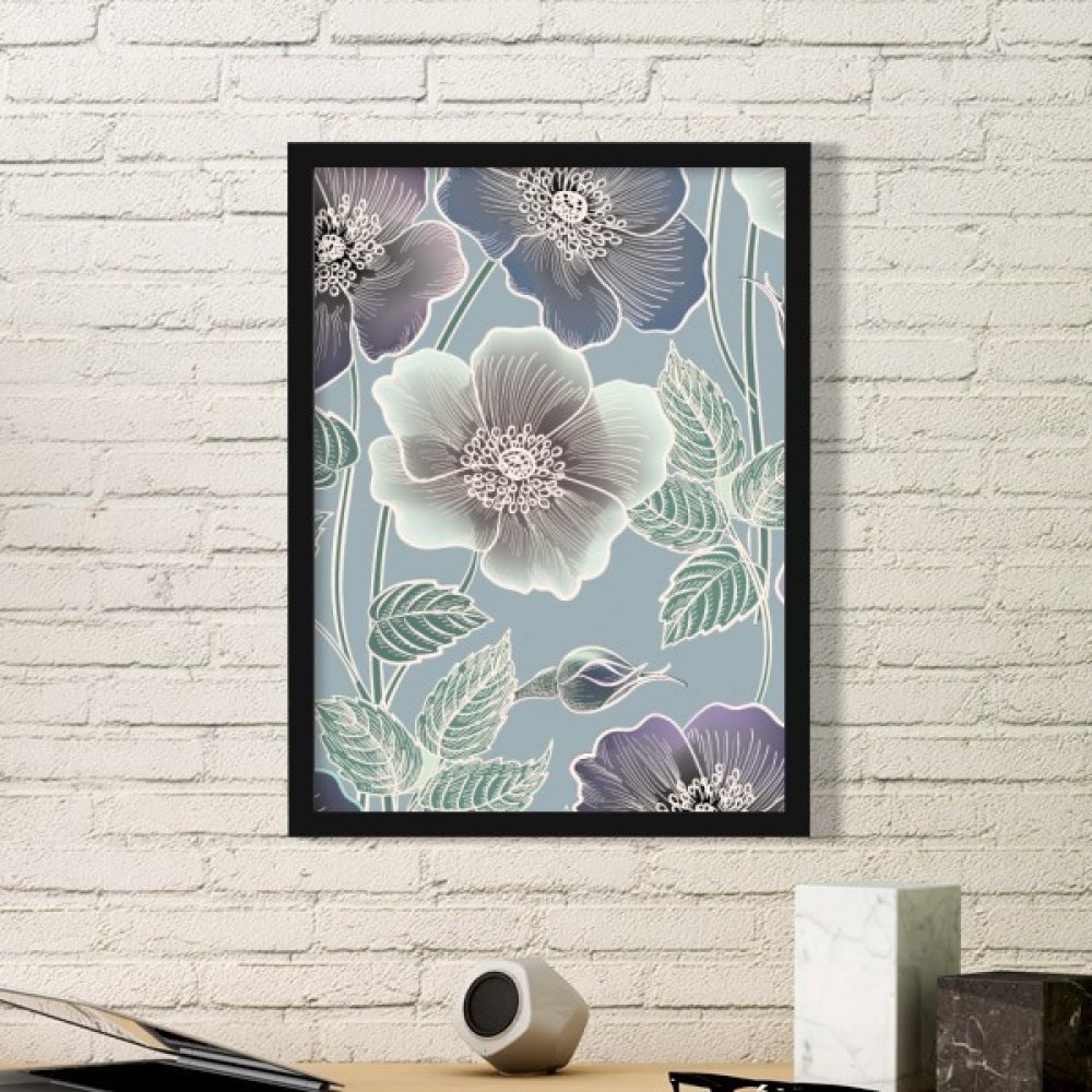 Peinture de plante contre les murs vides avec cadre photo rectangle bois noir