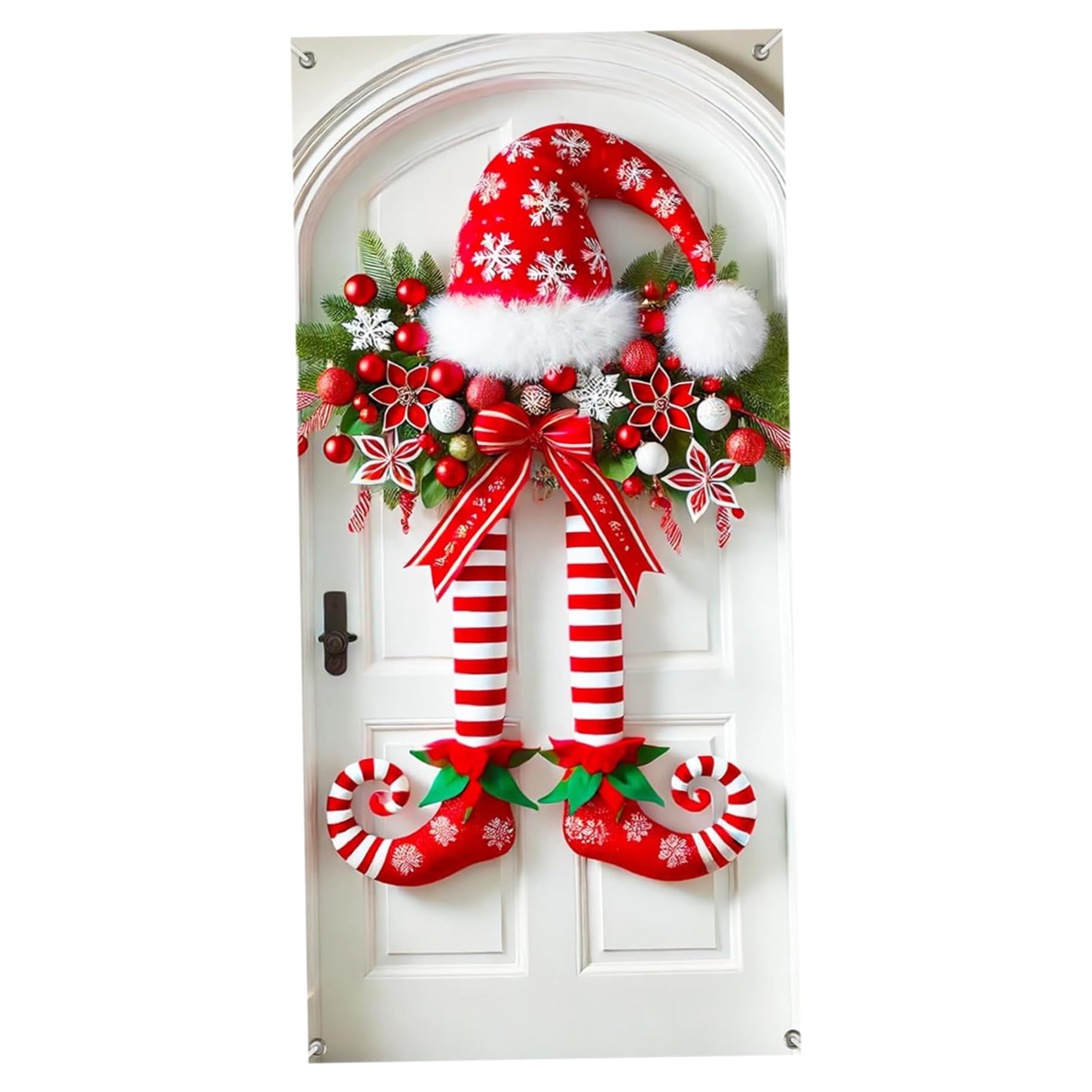 Christmas Door Cover 35x71" Elf Legs Xmas Door Cover with Red White Striped Hat Curly Shoes Garland Bow Hanging Ornament for Home Decor