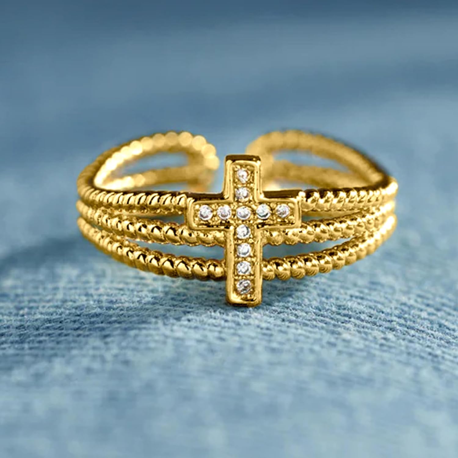Cross Ring for Women, 925 Silver Sterling Shiny CZ Crystal Cross Ring 14K Gold Plated Christian Religious Crosslet Faith Rings to Men Open Adjustable Inspirational Ring Mother's Day Jewelry Gift