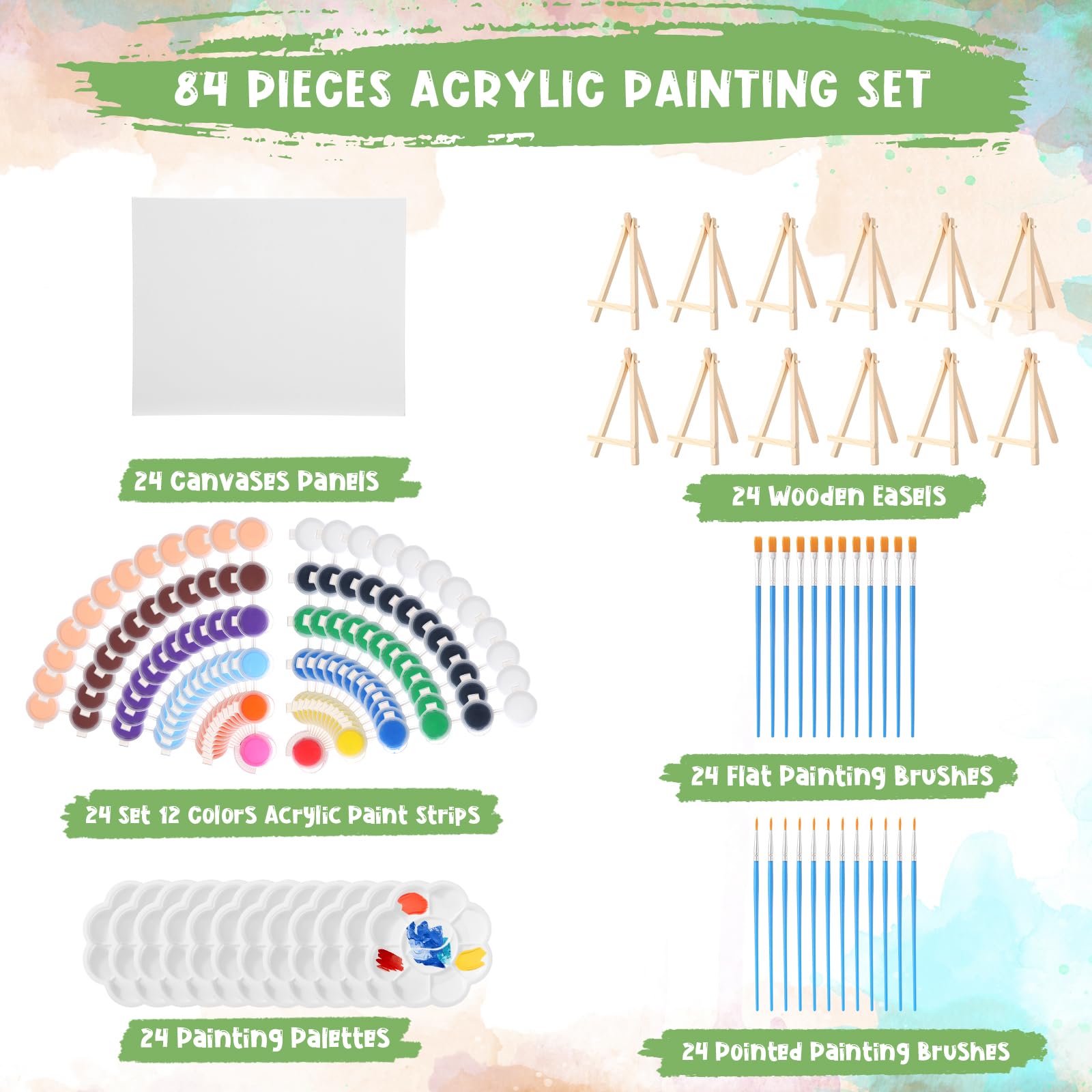 Qilery Juego de 24 tableros de lienzo y caballete de 8 x 10 pulgadas para pintar, tiras de pintura acrílica, paletas, pinceles, lienzos, kits de pintura para niños, adultos, artistas, principiantes