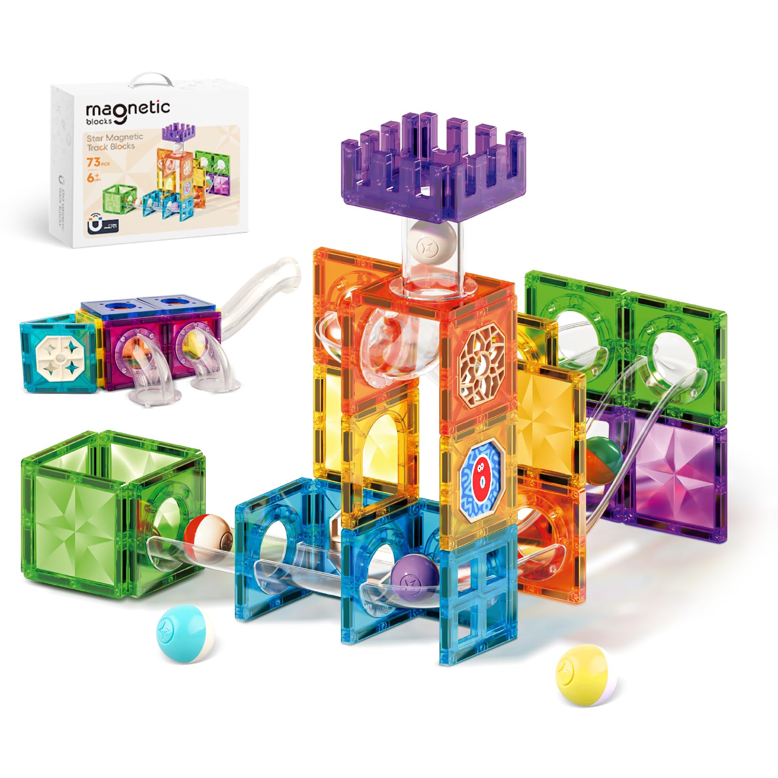 ROXENDA Magnetic Block Tiles for Kids Ages 3-8-73 PCS Magnet Tiles Marble Run and Little Ball Construction Magnet Toys for Boys & Girls | Creative Construction Blocks with Idea Box73 Pcs