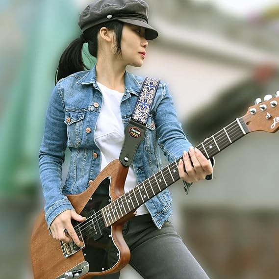 Rayzm Embroidery Guitar Strap Jacquard Weave Cotton Strap for Acoustic/Electric/Bass Guitar with Plectrum Picks Pocket Metal Buckle 5cm Wide Adjustable Length