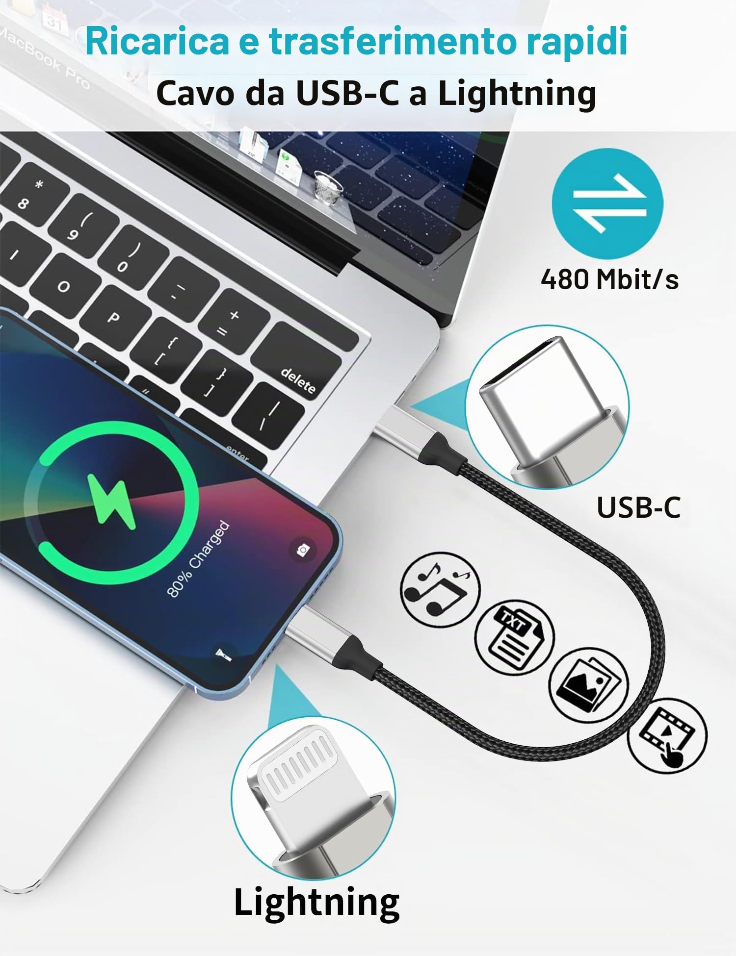 Acecene Cavo USB C a Lightning 30 cm 2 pezzi MFi Nylon Intrecciato per iPhone 14 13 12 11 Pro Max X XR SE iPad Nero
