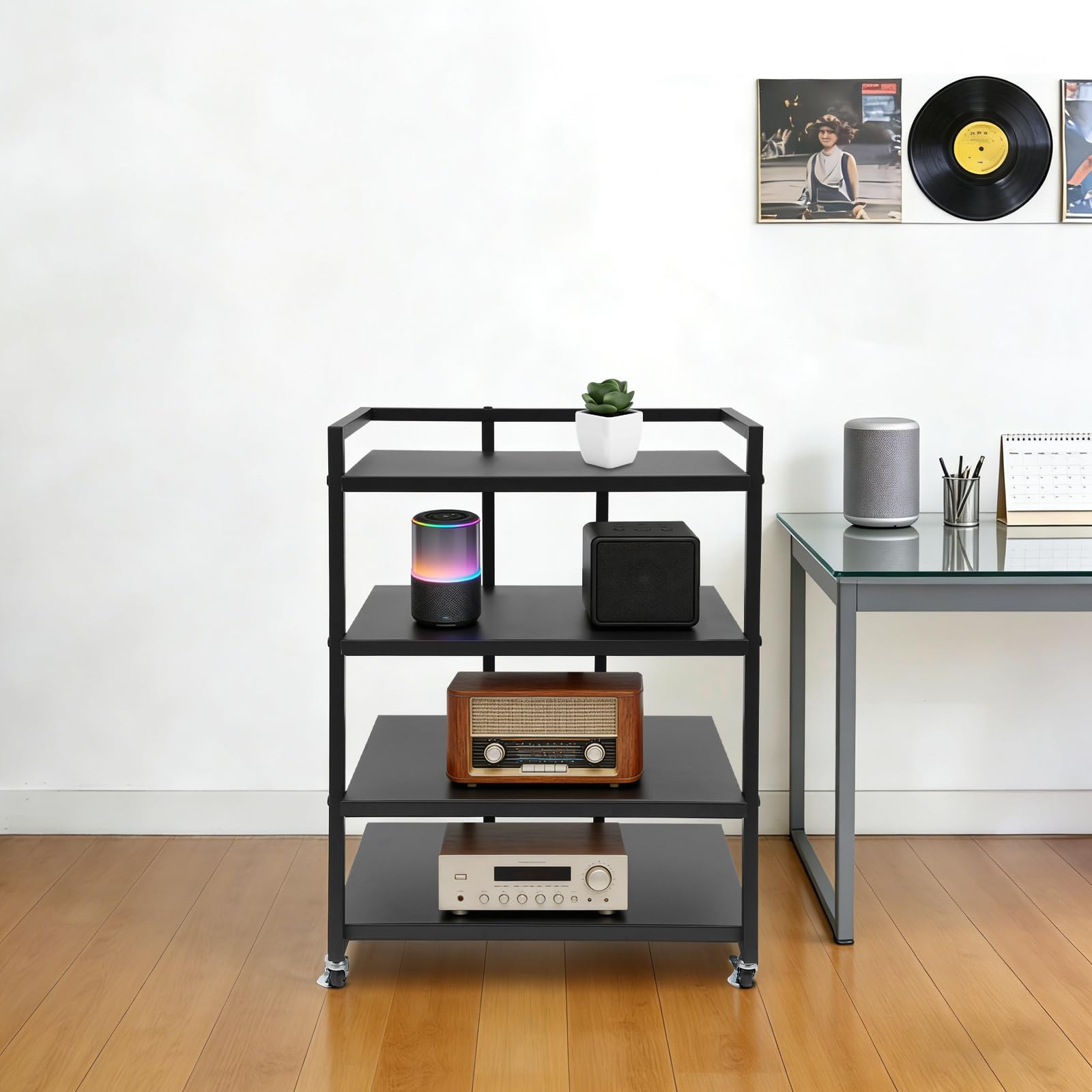 Scaffale HiFi a 4 livelli in metallo con ruote, per giradischi, impianti stereo, stoccaggio di dischi in vinile, versatile come scaffale HiFi o scaffale d'appoggio, 60 x 52 x 85 cm