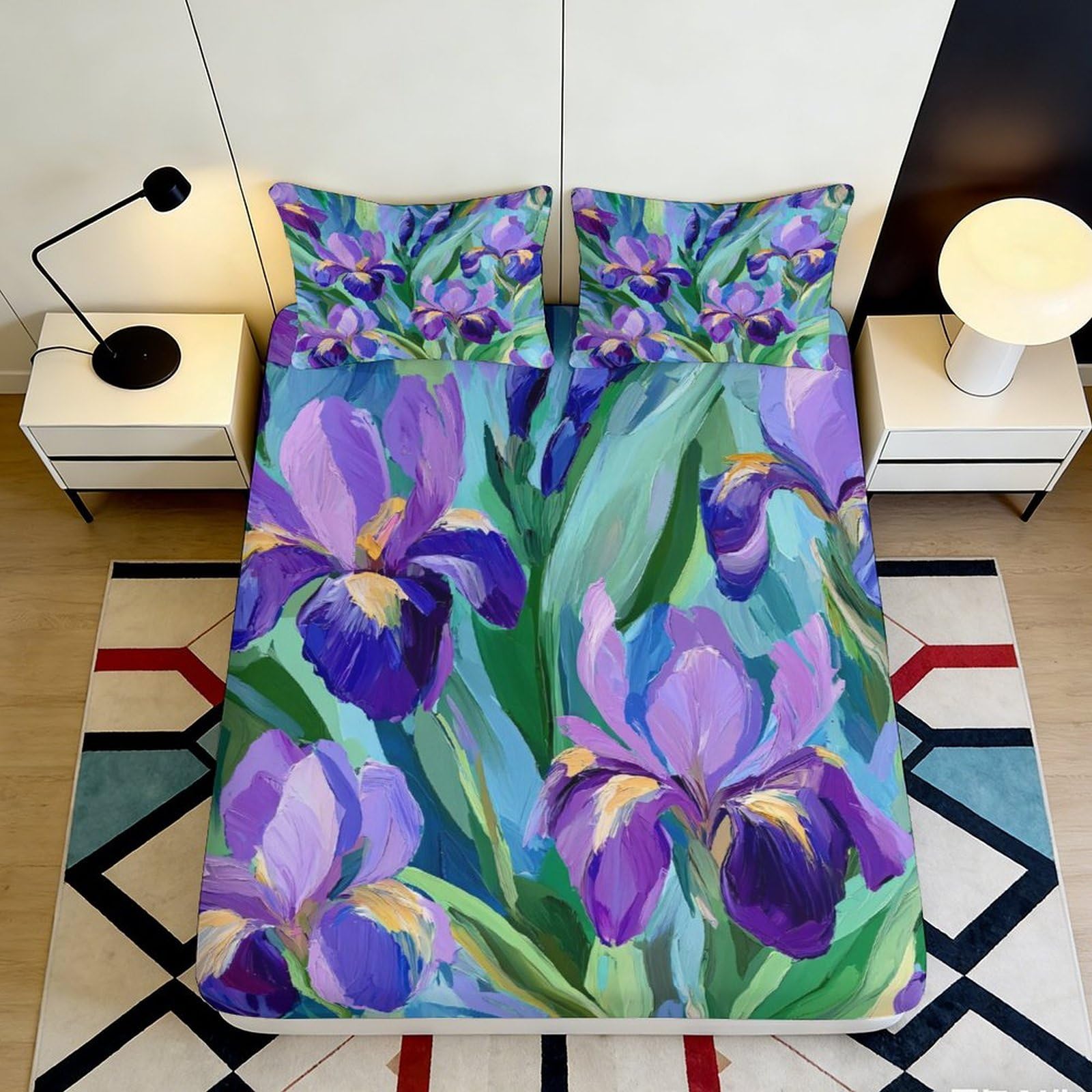 Decorative Iris Fitted Sheet Purple Floral 3D Printed Microfiber Soft Touch, Wrinkle Resistant, Bed Cover for Bedroom Guest Room Apartment Bedding, Easy Care 118 chars 90x200x25cm