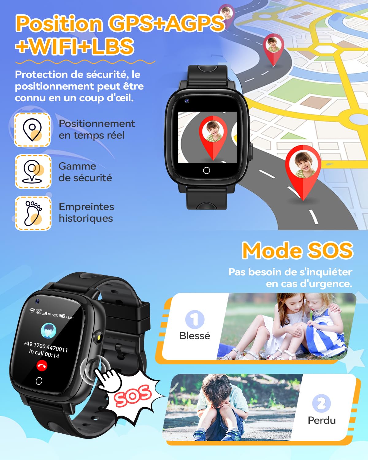 Montre Connectée Enfant, 4G Appel Montre Intelligente GPS Tracker avec Bouton SOS, WiFi, Caméra,Notification,Lecteur de Musique, Podomètre, Mode Classe, Cadeaux pour Garçons et Filles, Noir