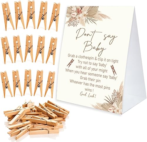 Miniatura 8 de Don't Say Baby Game For Baby Shower Clothespin Game, un letrero de papel recubierto de 5 x 7 pulgadas y 50 pinzas naturales para la ropa, tema