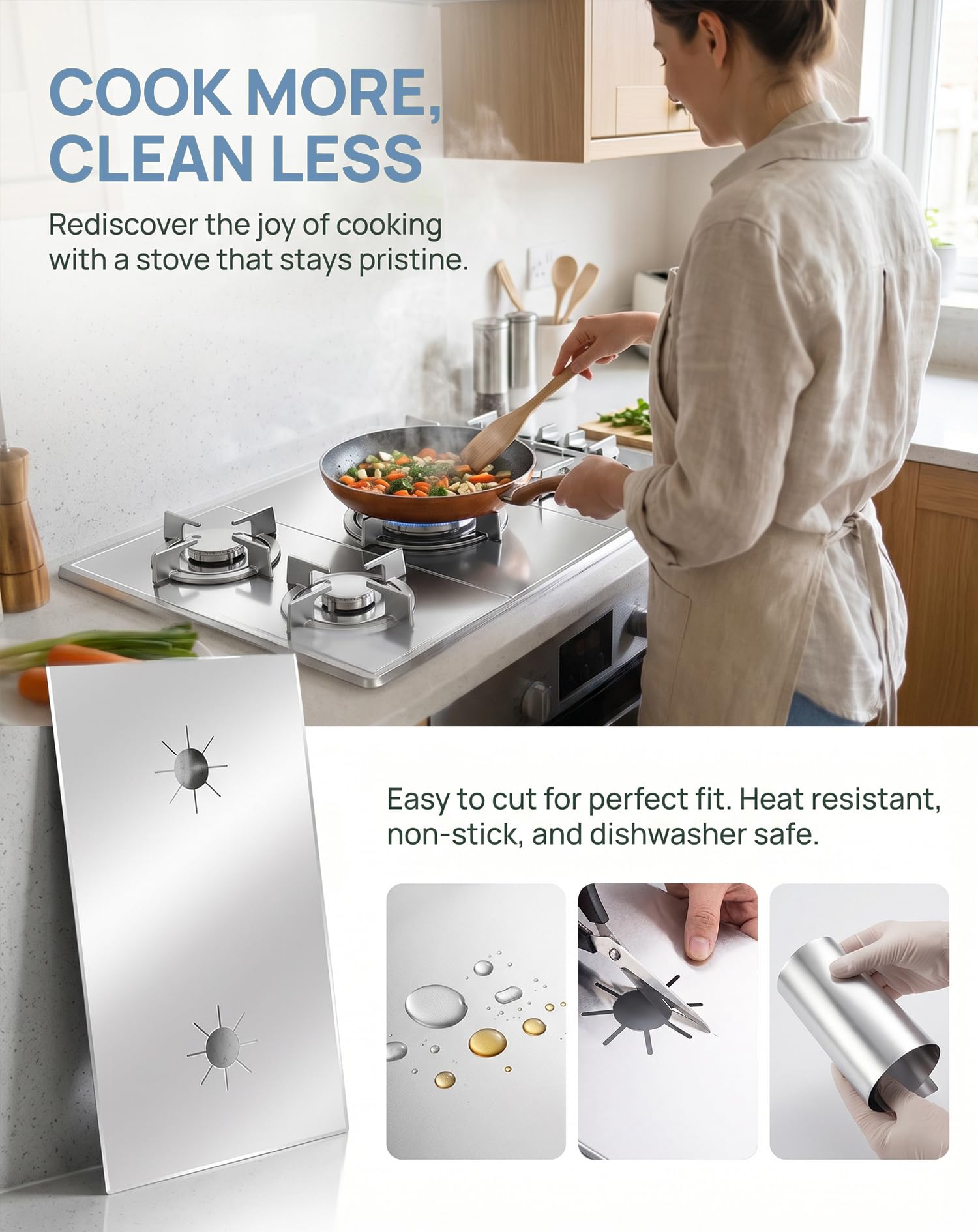 JTENGYAO Gas Hob Covers, 3PCS 54x27cm Reusable Stove Burner Covers, Gas Hob Range Protectors, Fiberglass Gas Stove Mats, Non-Stick Hob Protectors for Gas Cooker, Silver — view 6