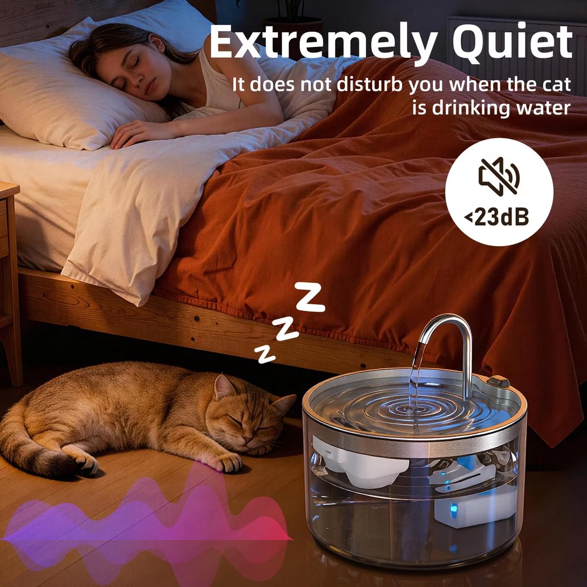 Casfuy PWB-004 - Fuente de agua silenciosa para gatos sin BPA con base de vidrio y bandeja de acero inoxidable, 95 onzas