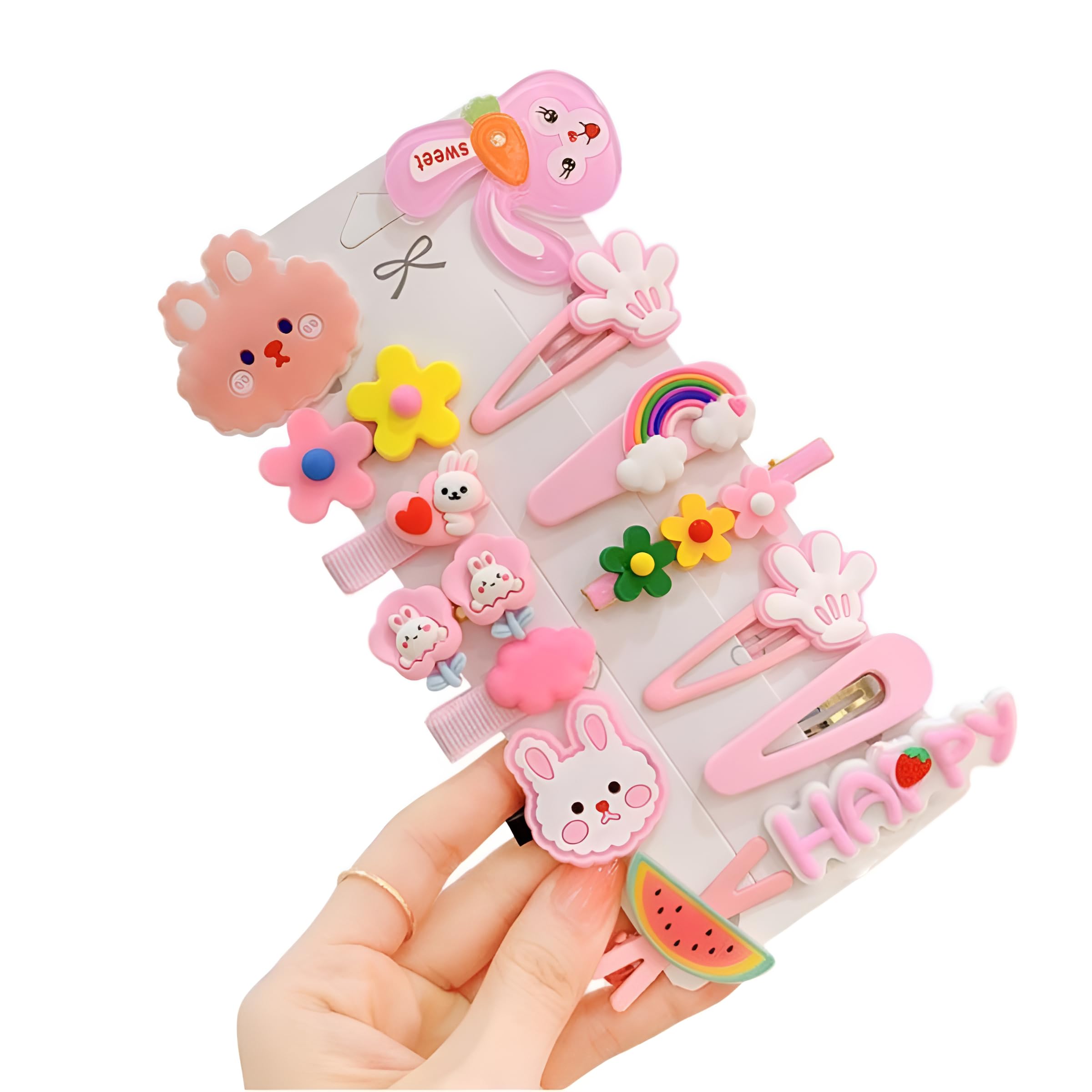 SYGA 14-Piece Baby Hair Clip Set for Girls – Cute Cartoon & Floral Patterns Hair Pin, Hair Types Bunny, Rainbow, Watermelon, Flower - Pink-image-39