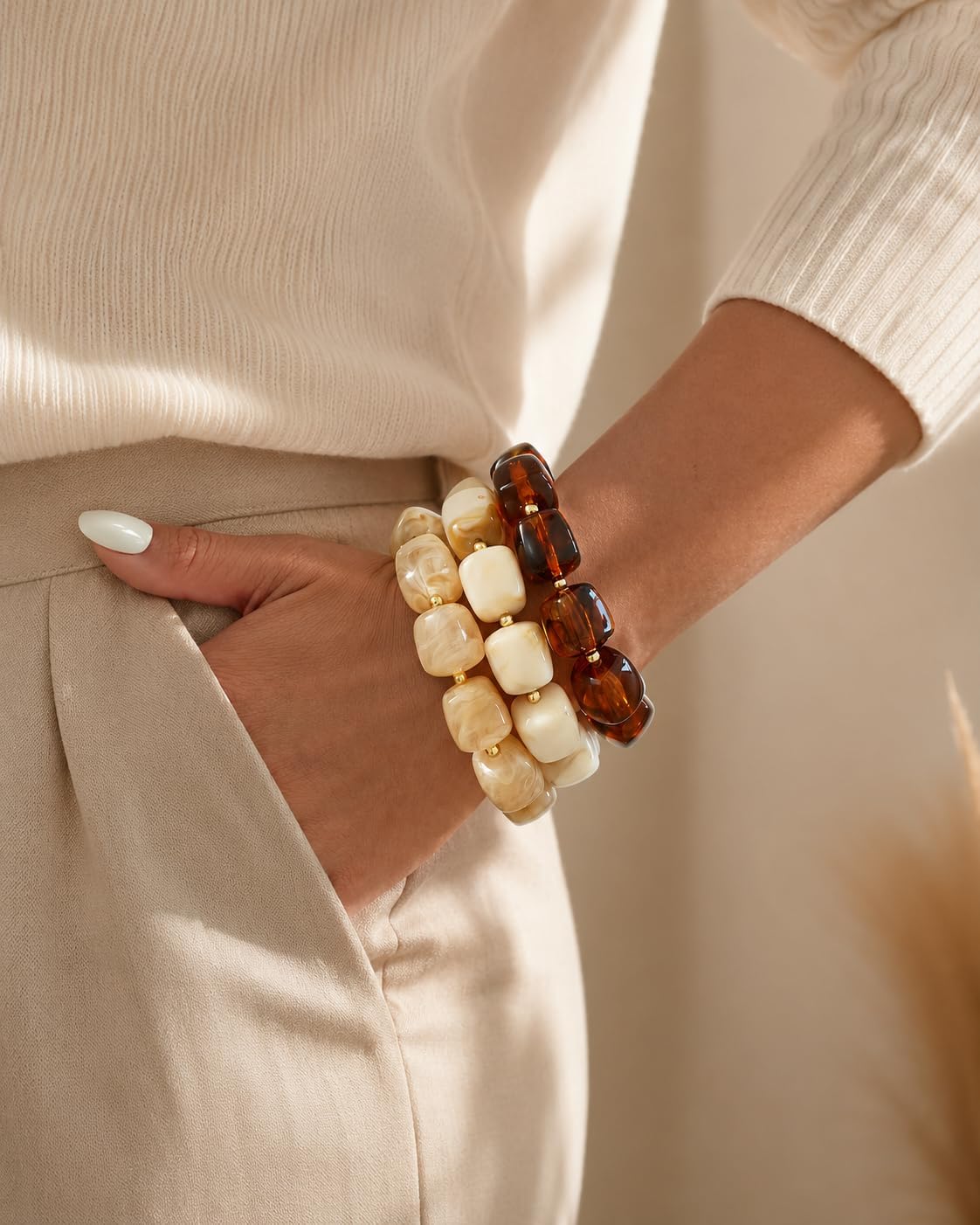 Chunky Beaded Bracelets for Women, Resin Statement Stretch Bracelet Stack