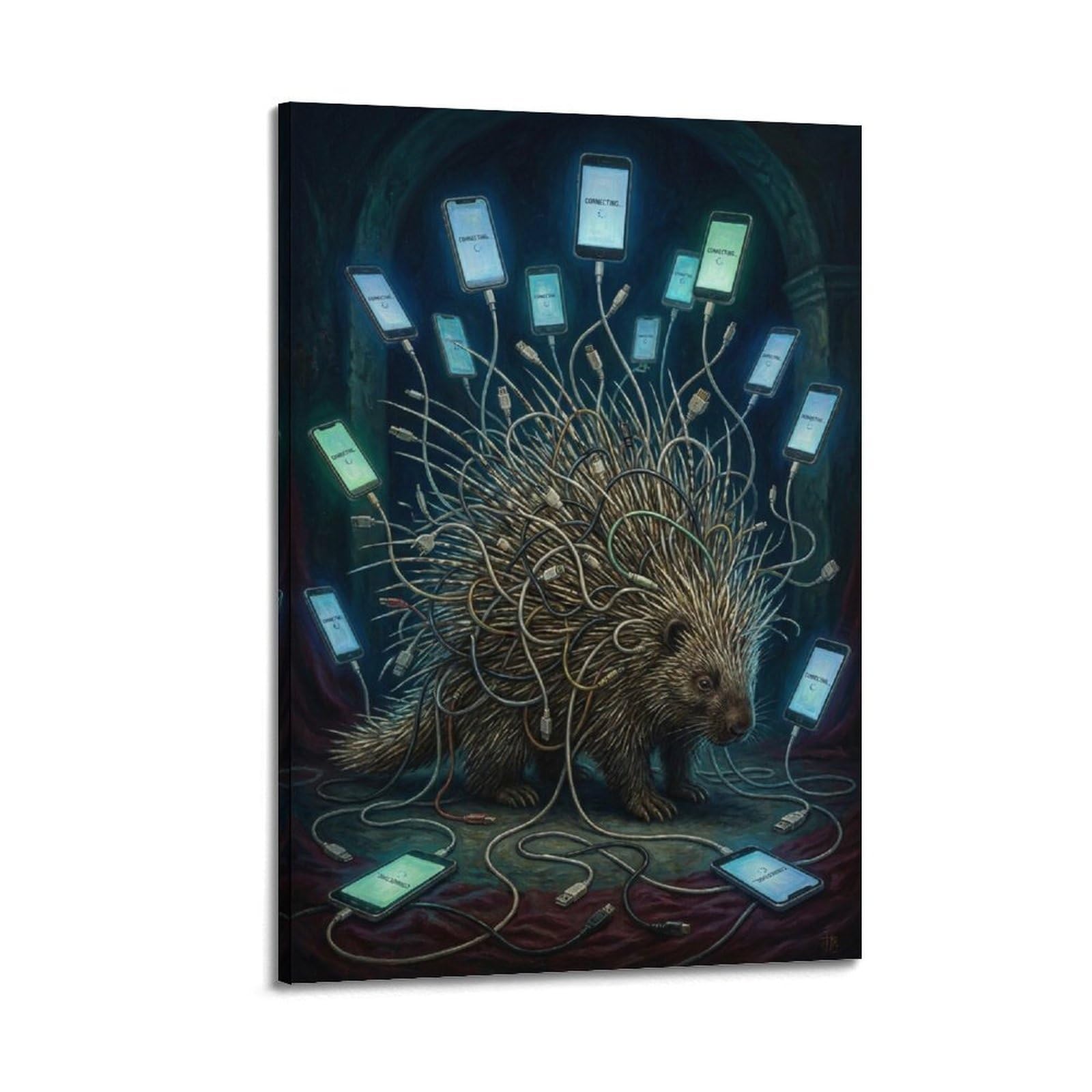 XKUGA Surreal Vintage Animal Poster Hedgehog Phone Cable Lonely Satire Modern Decorative Canvas Prints - Ideal Wall Art for Family, Man Cave, Game Room, Boys & Girls Bedroom 20x30inch(50x75cm)