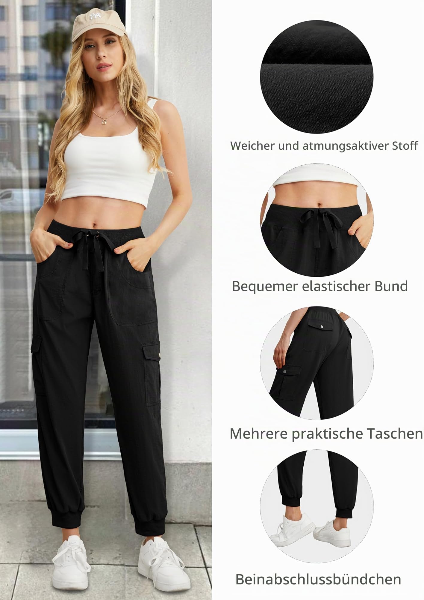 GRECERELLE Jogginghose Damen Cargohose Sommer Sporthose Freizeithose Trainingshose Für Damen mit Elastischer Taille Bündchen Knöchel und 6 Taschen