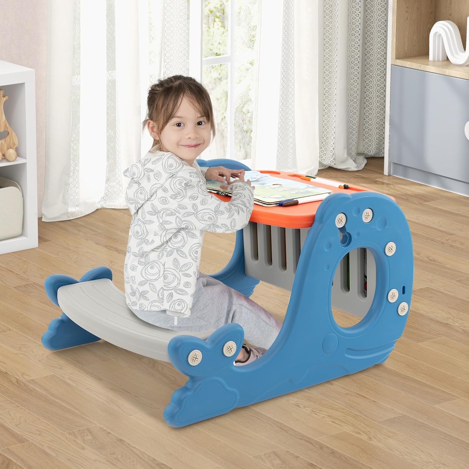 FANTASK Caballete infantil con tablero de mesa, pizarra blanca y banco, 4 en 1, pizarra de pie azul de doble cara en forma de ballena, mesa para niños con estante para niños a partir de 1 años