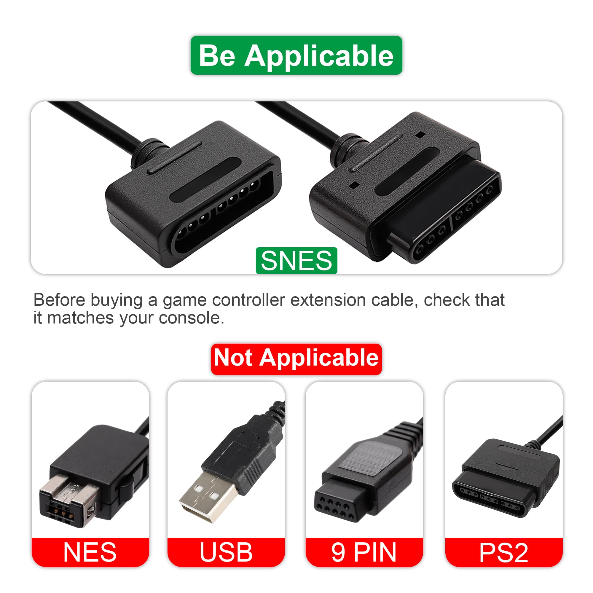 CSTESVN SNES - Cable de extensión para controlador, paquete de 2 unidades de 1,8 m, cable de extensión de repuesto para consola de juegos Super Nintendo SNES SFC