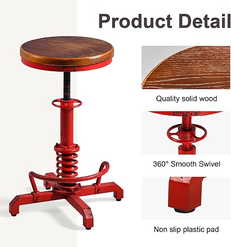 Miniatura 5 de Topower Industrial Retro Vintage Farm Asiento de madera Tractor Taburete Cocina Giratorio Altura Ajustable Taburete de bar Rojo Antiguo