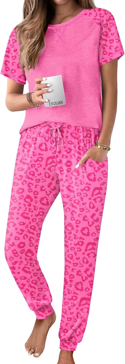 Ekouaer Conjunto de pijama para mujer de manga corta PJ Set de 2 piezas pantalones jogger