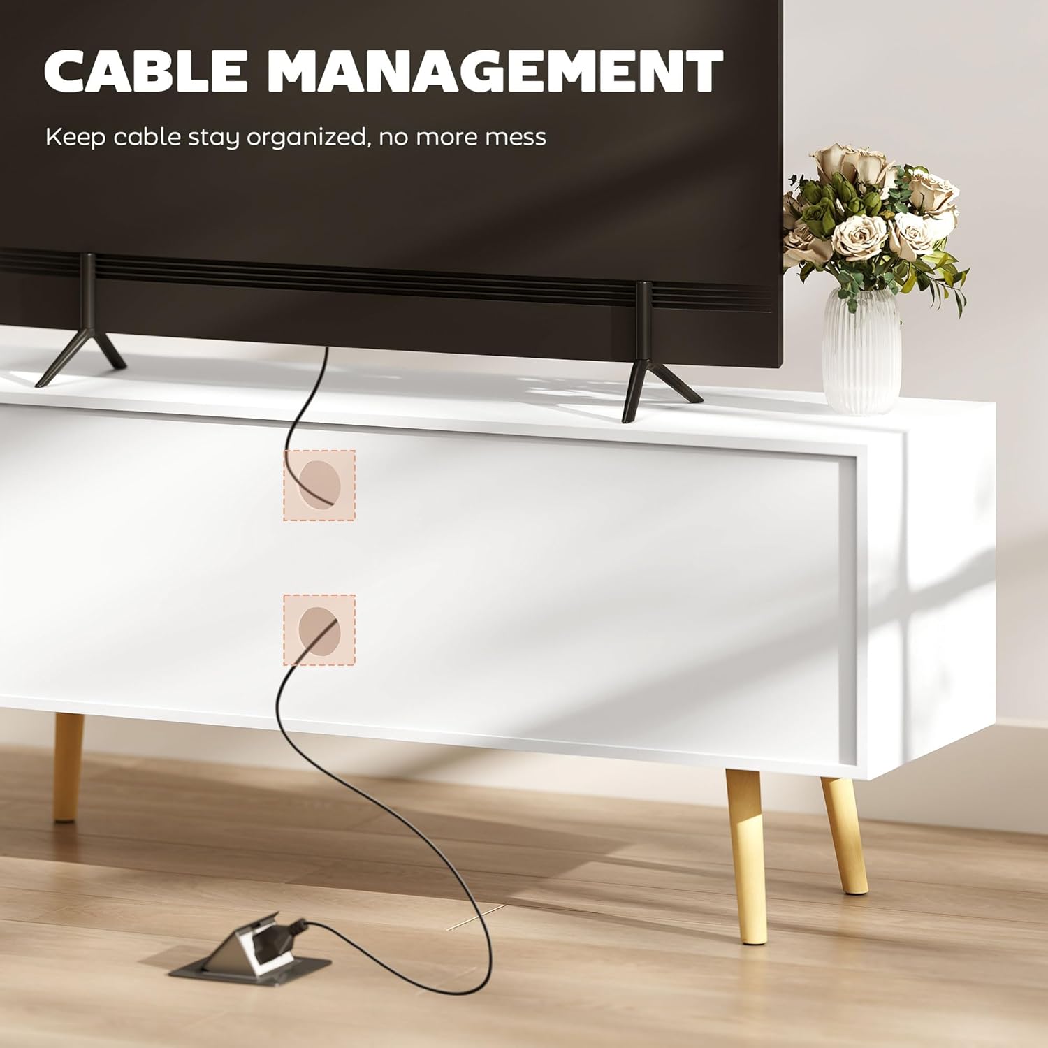 Close-up image of the back of the HOMCOM TV Stand Cabinet showing cables routed through the cable management holes.