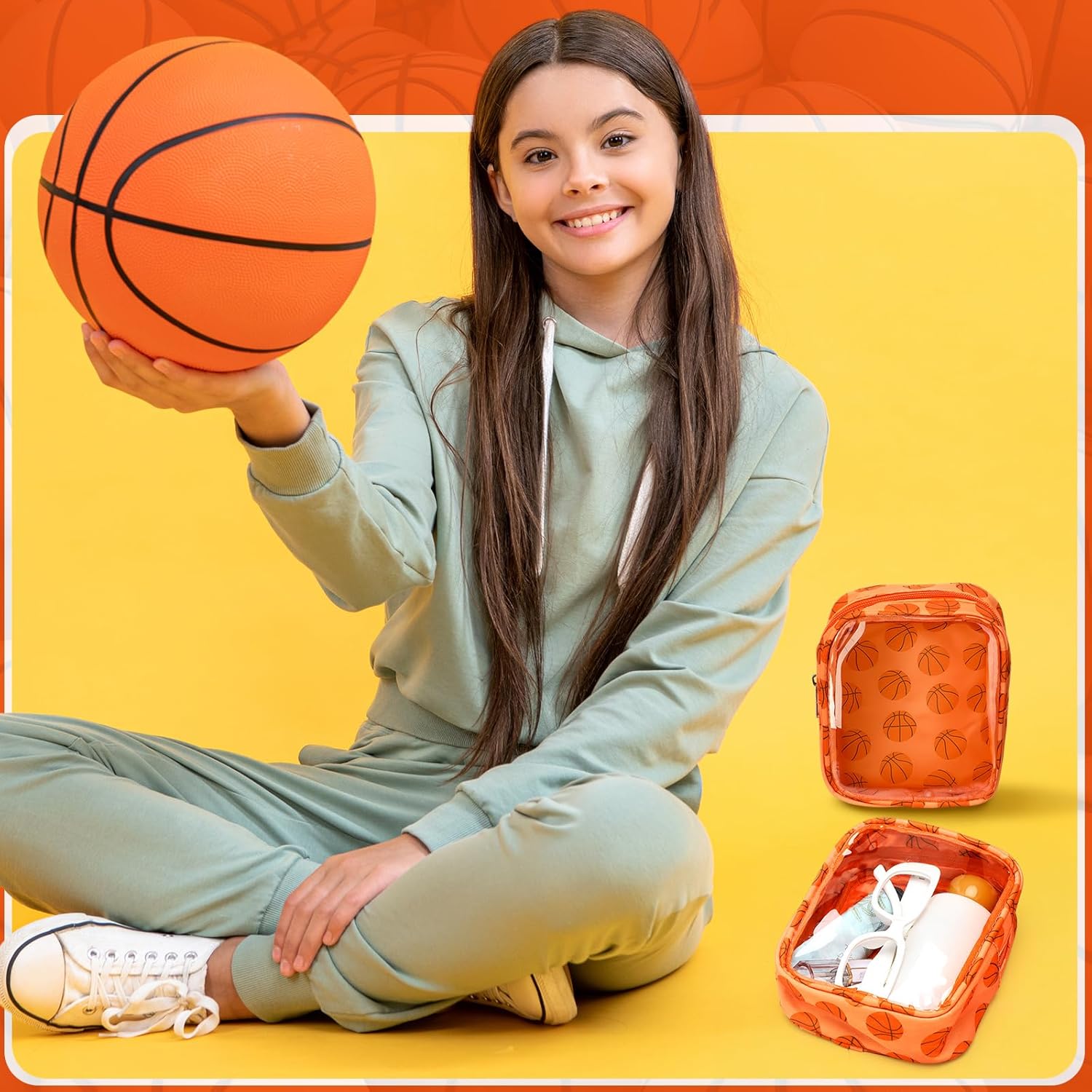10 Pcs Basketball Clear Makeup Bag Basketball Sport Cosmetic Snack Goodie Bag with Zipper Handle PVC Pouch Waterproof Travel Toiletry Handbag Accessories for Woman Friends Birthday Team Gift