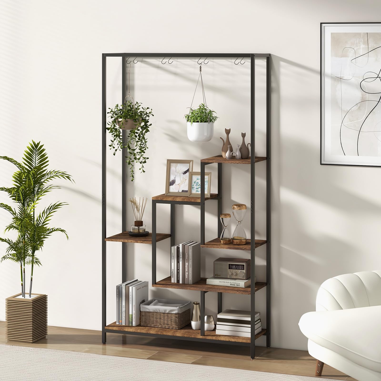 COSTWAY Stojak na rośliny, 6 poziomów, 180 cm, metalowy regał na kwiaty z 10 haczykami w kształcie litery S i półką z kratki, stojak na kwiaty, na balkon, do salonu (rustykalny brąz)