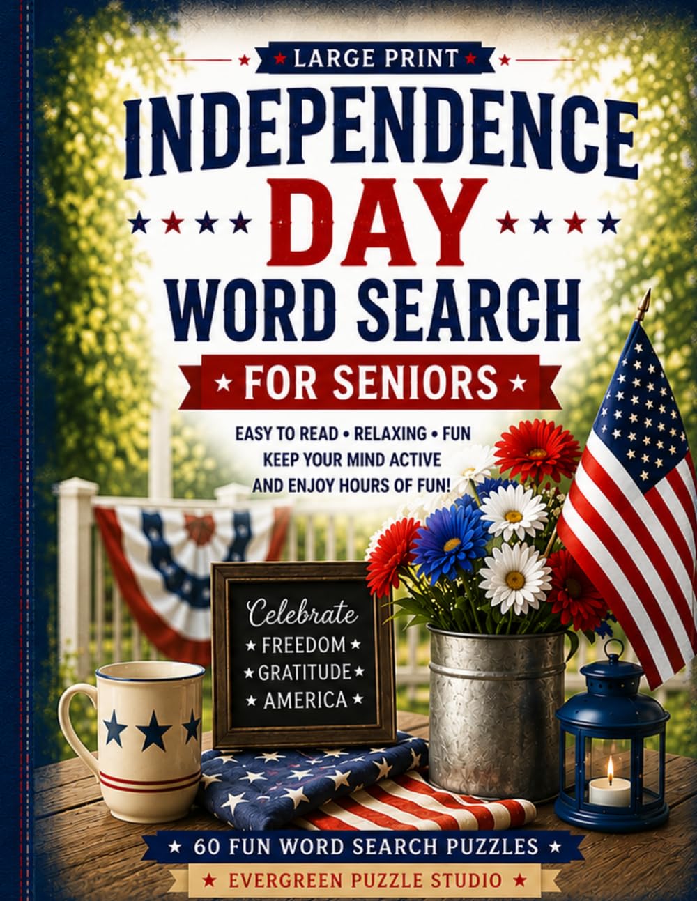LARGE PRINT INDEPENDENCE DAY WORD SEARCH FOR SENIORS: EASY TO READ RELAXING FUN KEEP YOUR MIND ACTIVE AND ENJOY HOURS OF FUN! (Evergreen Large Print Puzzles For Seniors)