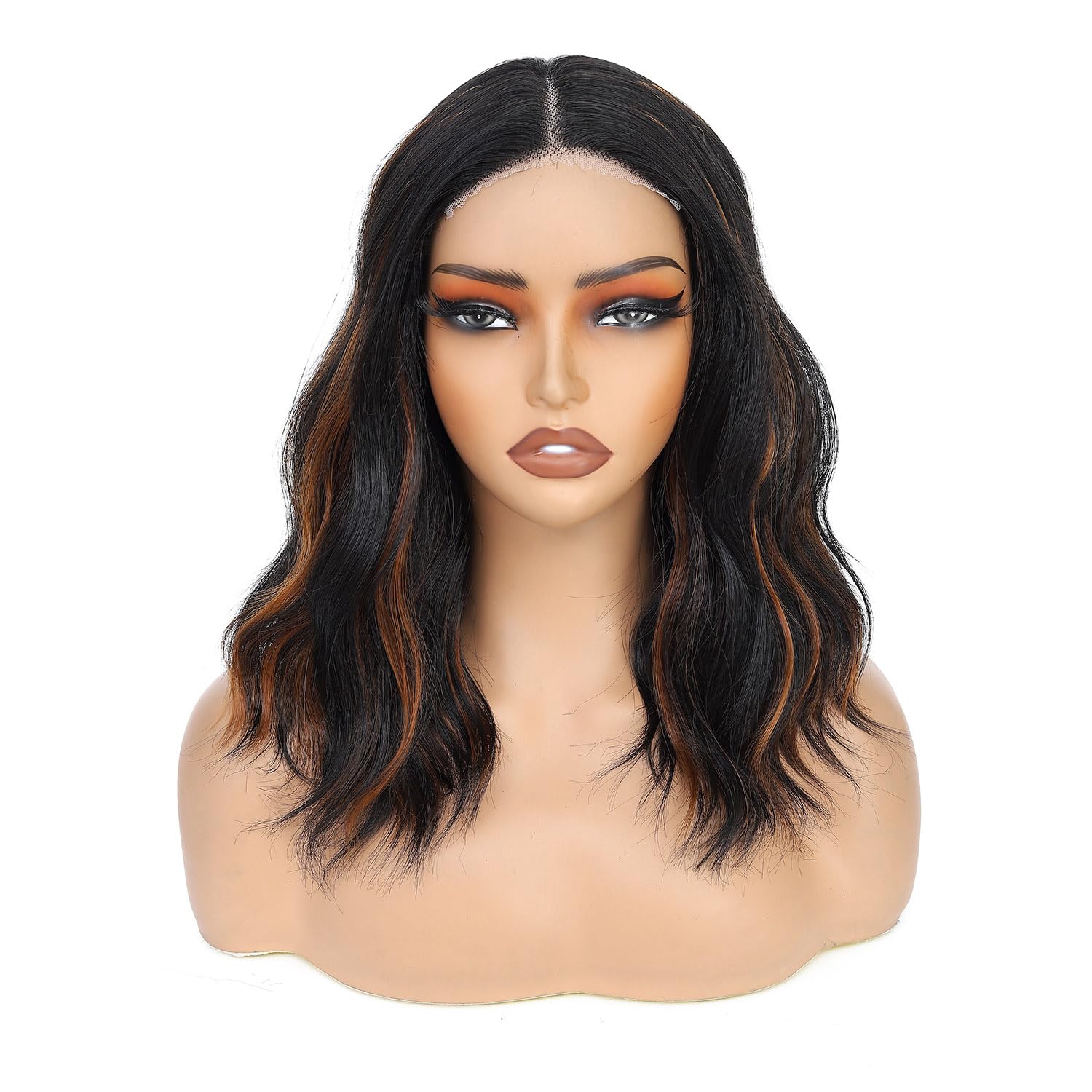 Short Wavy Black Mixed Brown Wig for Women, Lace Hairline Middle Part Bob Style Heat Resistant Synthetic Wigs Natural Looking for Daily Party 14 Inch