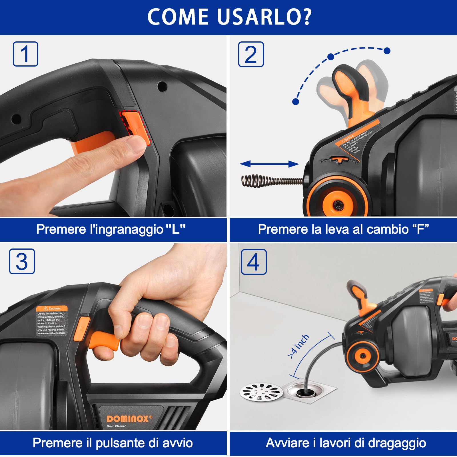 7,6M Trivella di Scarico Elettrica, 18V (Max 20V) Pulitore di scarico senza fili per WC, Fogna, Bagno, Lavello, Tubo 1,9-5CM
