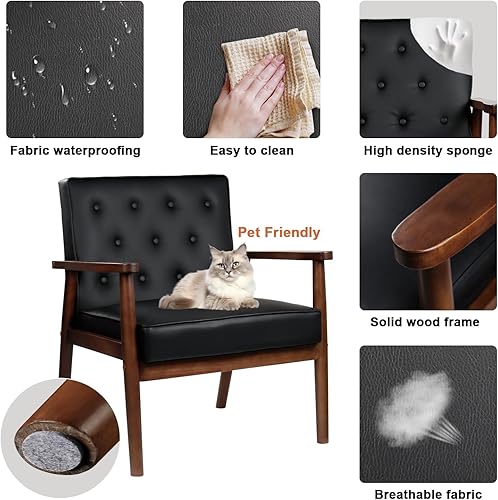 Miniatura 5 de STHOUYN Silla moderna de mediados de siglo, juego de 2 sillas de cuero sintético con brazos de madera, sillas de sala de estar, sillón de lectura